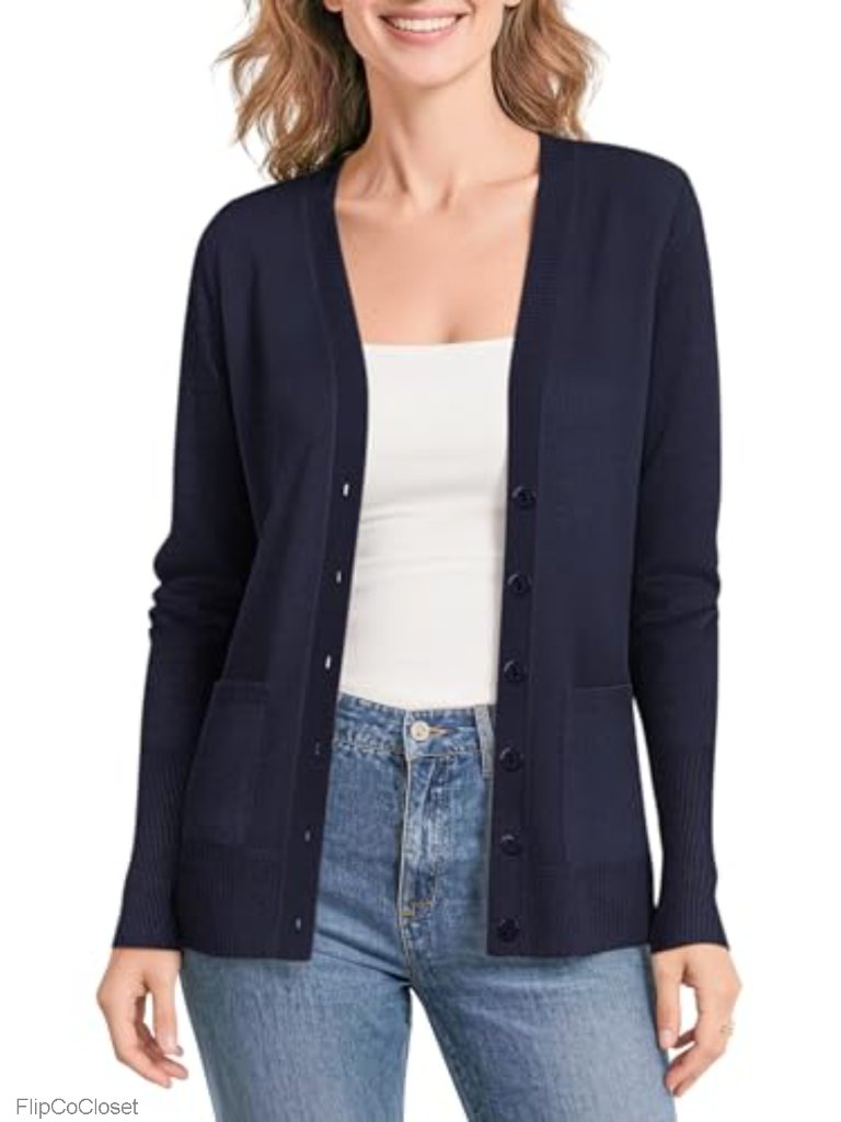 Lightweight V-Neck Cardigan With Pockets, Button Front, Knit Sweater